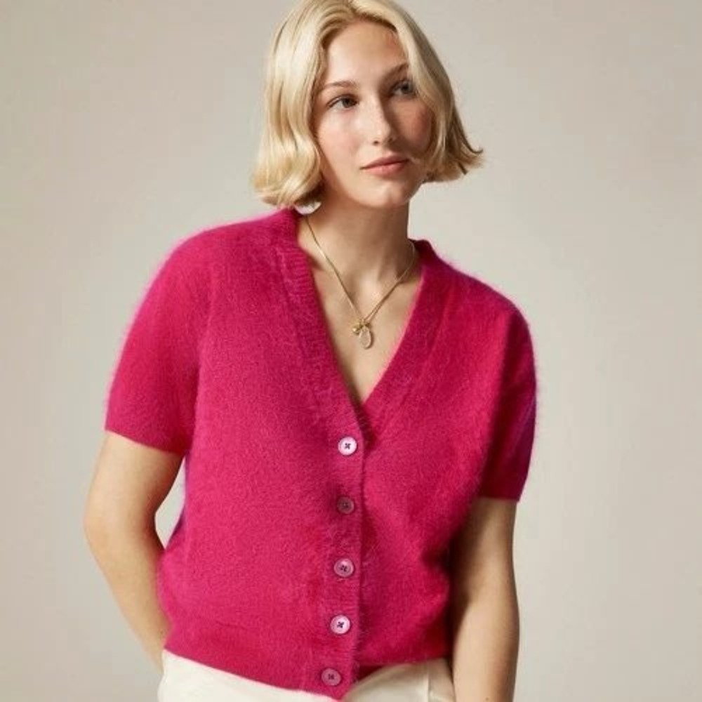 J.Crew Cardigan Women XS Red 100% Brushed Cashmere Short Sleeve V-Neck Luxury